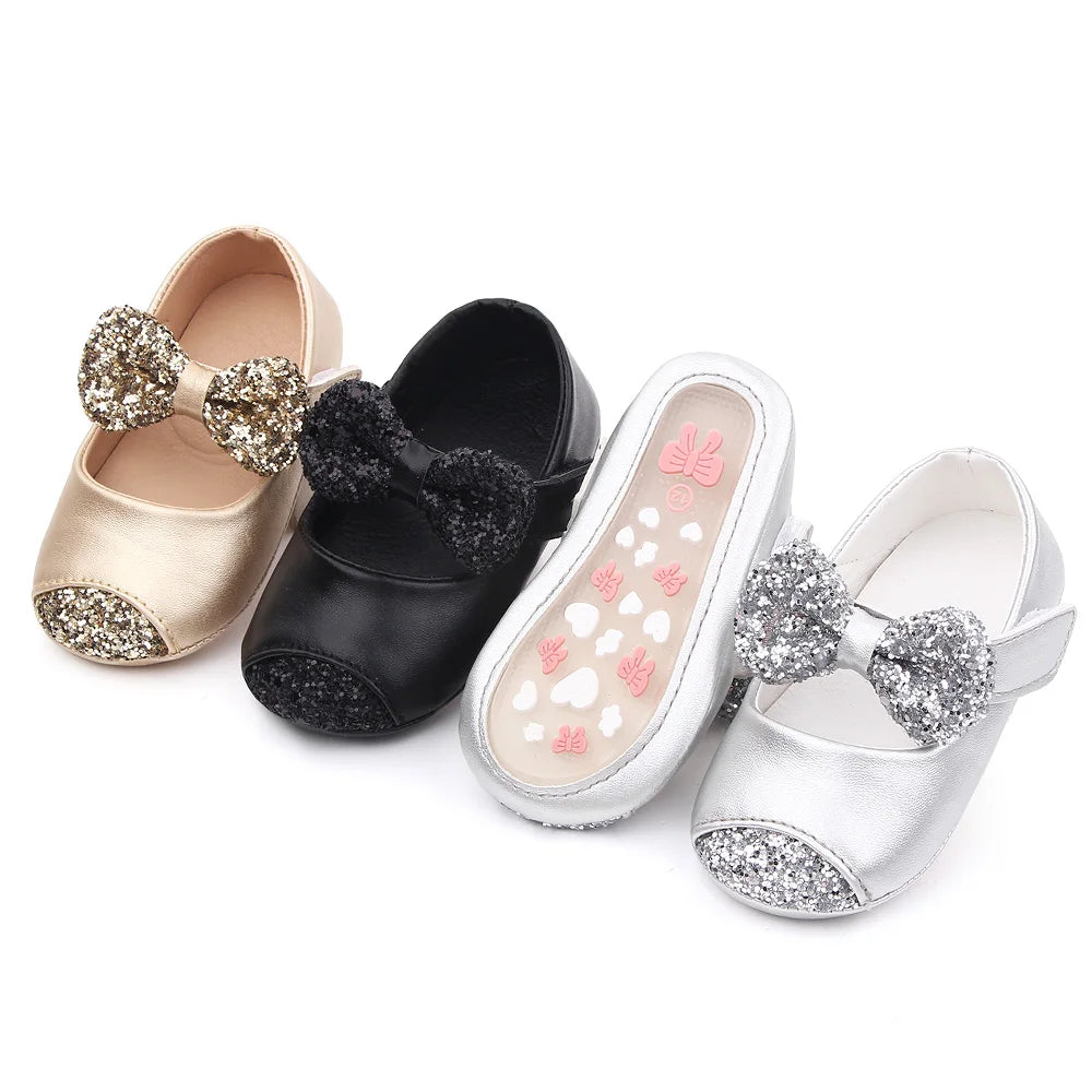 Baby Girl Mary Jane Shoes – Glitter Bowknot Soft PU Anti-Slip