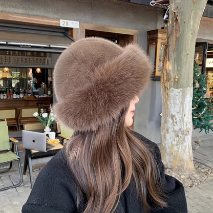 Faux Fur Winter Hat for Women – Fluffy Warm Bucket Cap
