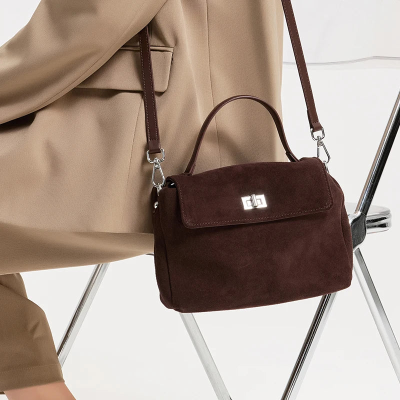 Suede Leather Crossbody Bag for Women – Turn-Lock Shoulder Bag