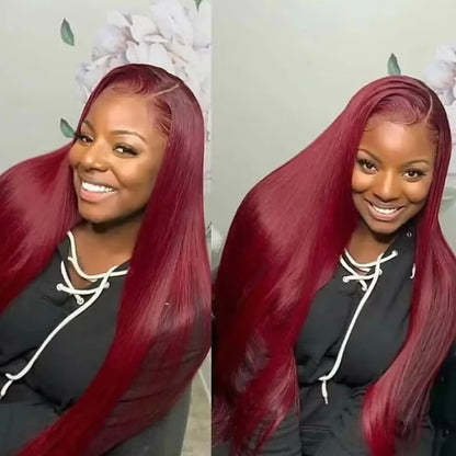 Burgundy 99J Straight Human Hair Lace Front Wig 13x4 & 13x6 HD Lace