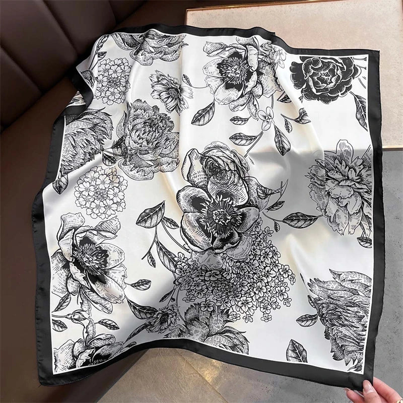Satin Square Scarf Women Cute Cat Print Headscarf Neckerchief