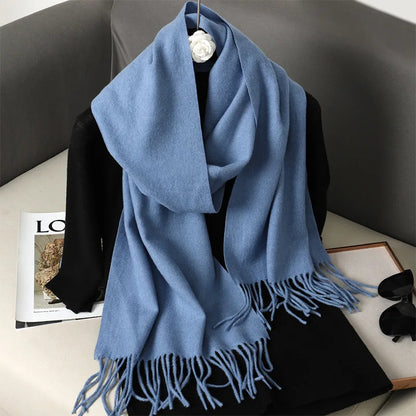 Women's Solid Cashmere Winter Scarf with Tassels – Warm Shawl Pashmina