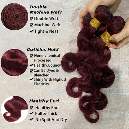 99J Burgundy Body Wave Human Hair Bundles 3 & 4 Pcs Raw Unprocessed