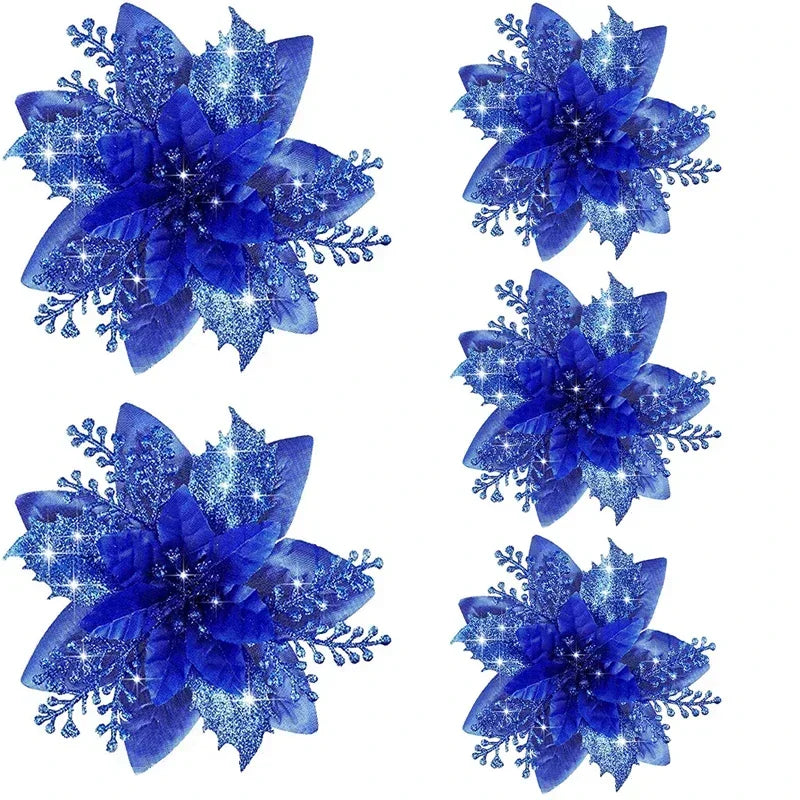 Glitter Artificial Christmas Poinsettia Flowers – Set of 5