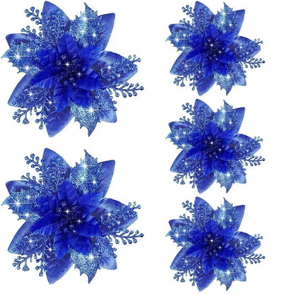 Glitter Artificial Christmas Poinsettia Flowers – Set of 5