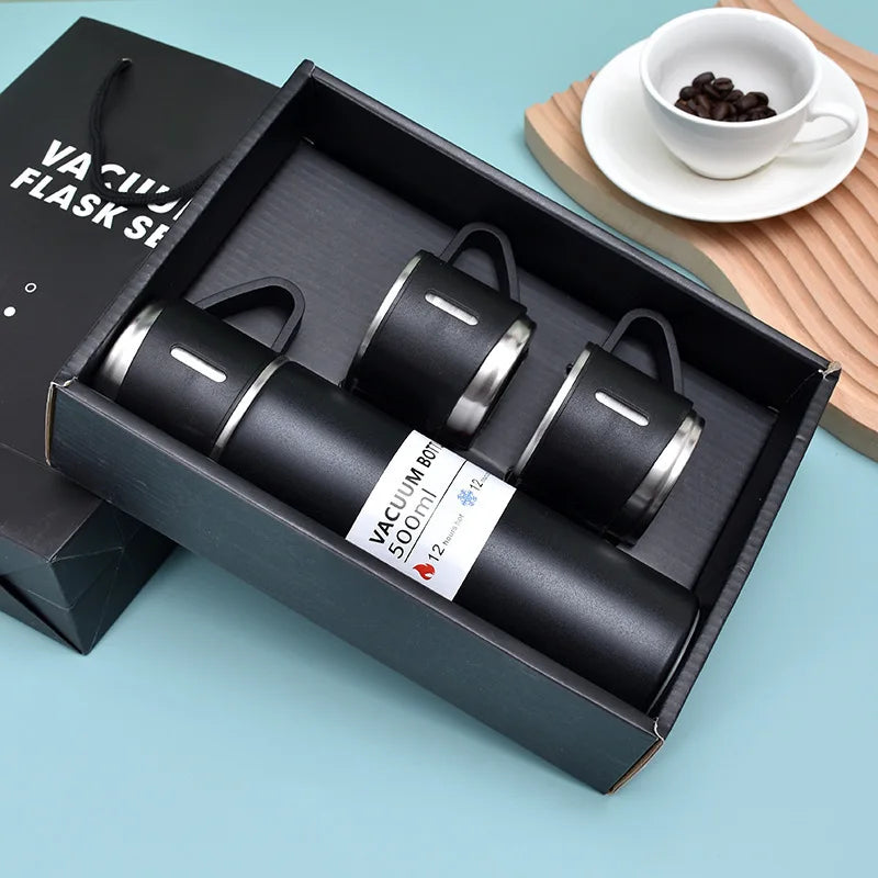 Vacuum Flask Gift Set with 3 Cups – Stainless Steel Thermos