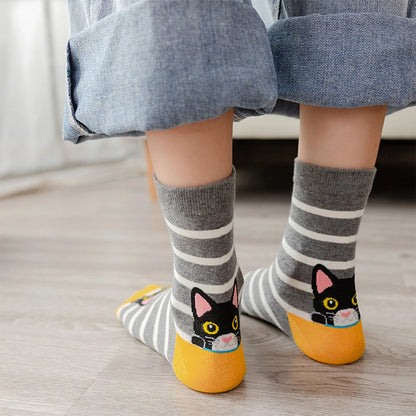 5 Pairs Cute Cat Pattern Women’s Crew Socks
