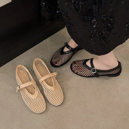 Women's Breathable Mesh Mary Jane Flats – Buckle Strap Casual Shoes