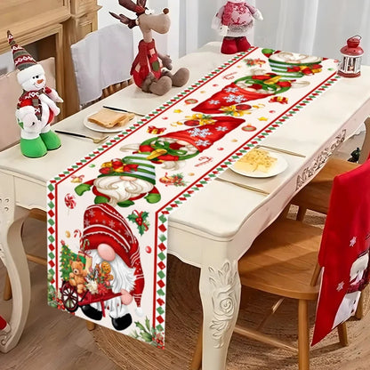 Christmas Table Runner – Festive Gnome & Santa Holiday Tablecloth