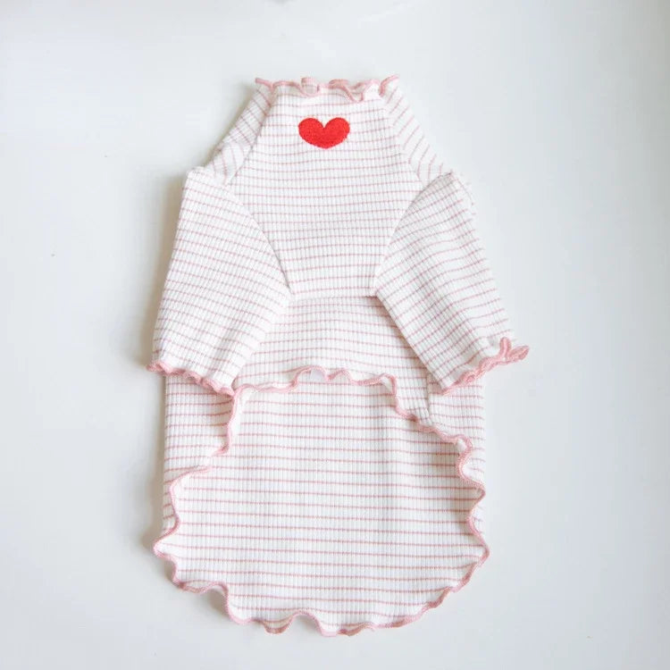 Love Heart Embroidered Pet Shirt – Striped Dog & Cat Top
