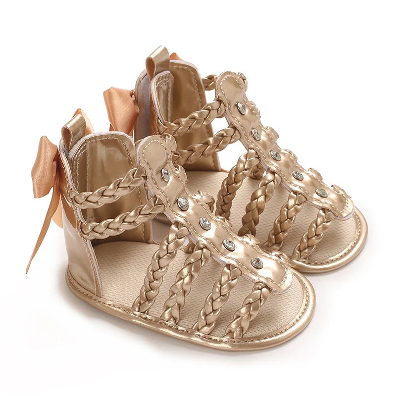 Baby Girl Roman Woven Sandals – Rivet Bow Open Toe 0–18 Months