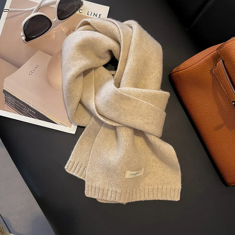 100% Wool Knitted Scarf – Women's Thick Solid Color Winter Shawl
