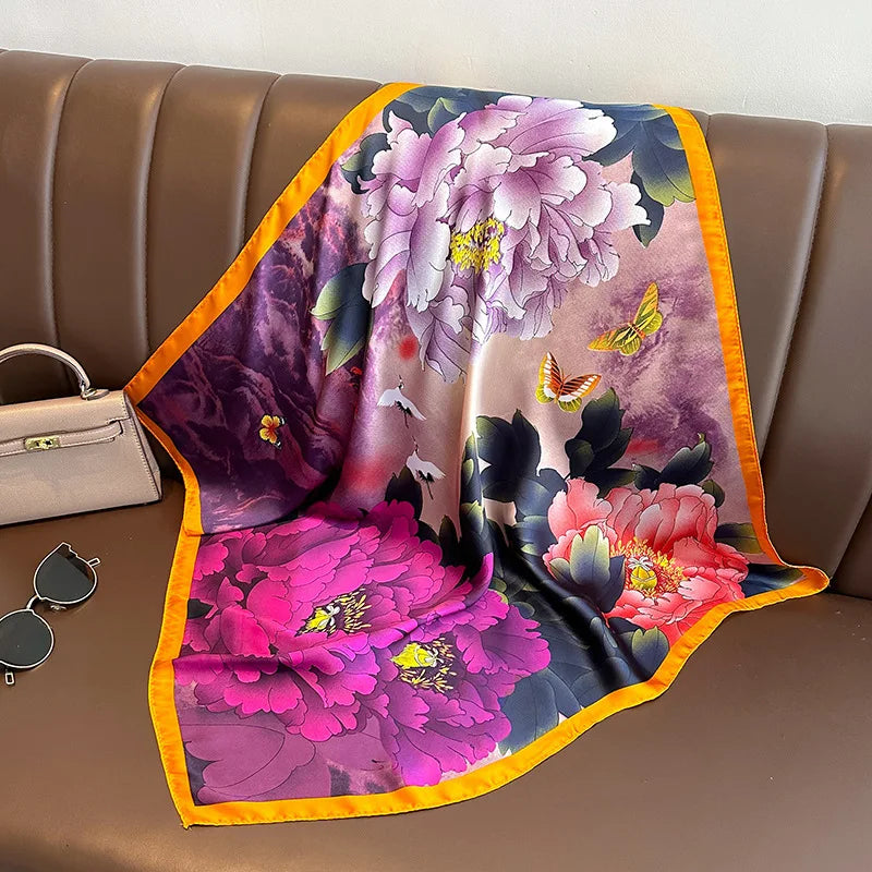 Silk-Feel Square Scarf – Women's Satin Print Neckerchief & Hair Band