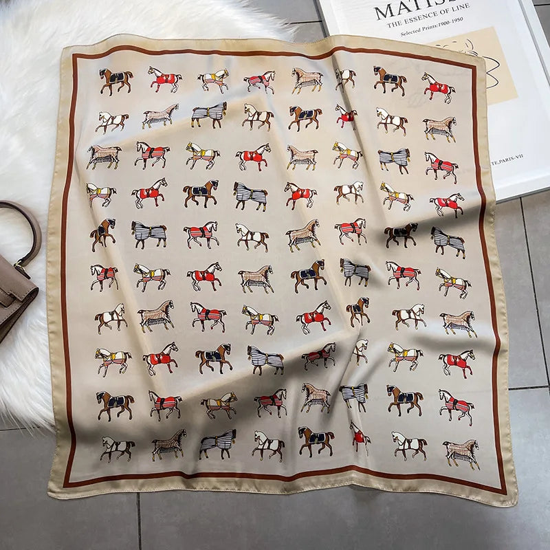 Satin Square Scarf Women Cute Cat Print Headscarf Neckerchief