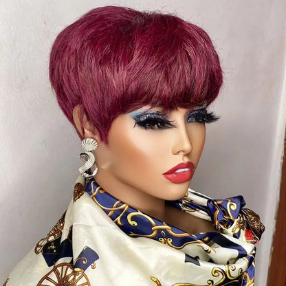 Short Pixie Cut Human Hair Wig with Bangs for Black Women