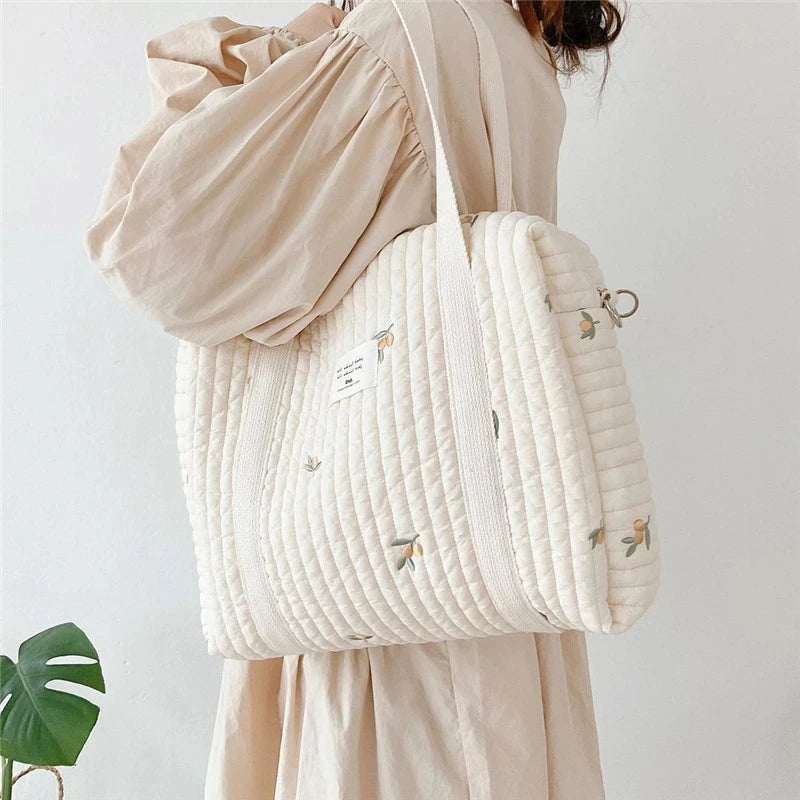 Quilted Embroidery Diaper Bag – Stylish Mummy Shoulder Tote