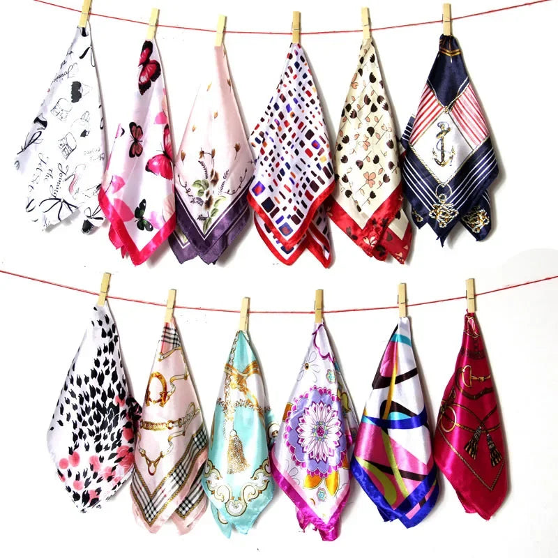 Women's Printed Square Head Scarf – 50x50cm Silk-Feel Kerchief