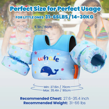 Kids Swim Life Vest with Foam Arm Floats & Safety Whistle – 20–70 lbs