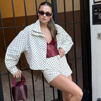 Women's Polka Dot Bomber Jacket – Oversized Cropped Aviator Outerwear