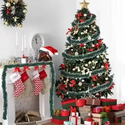 Christmas Tinsel Garland with Bows – Snow-Tipped Xmas Tree Ribbon Decoration