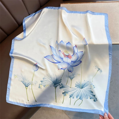 Satin Square Scarf Women Cute Cat Print Headscarf Neckerchief