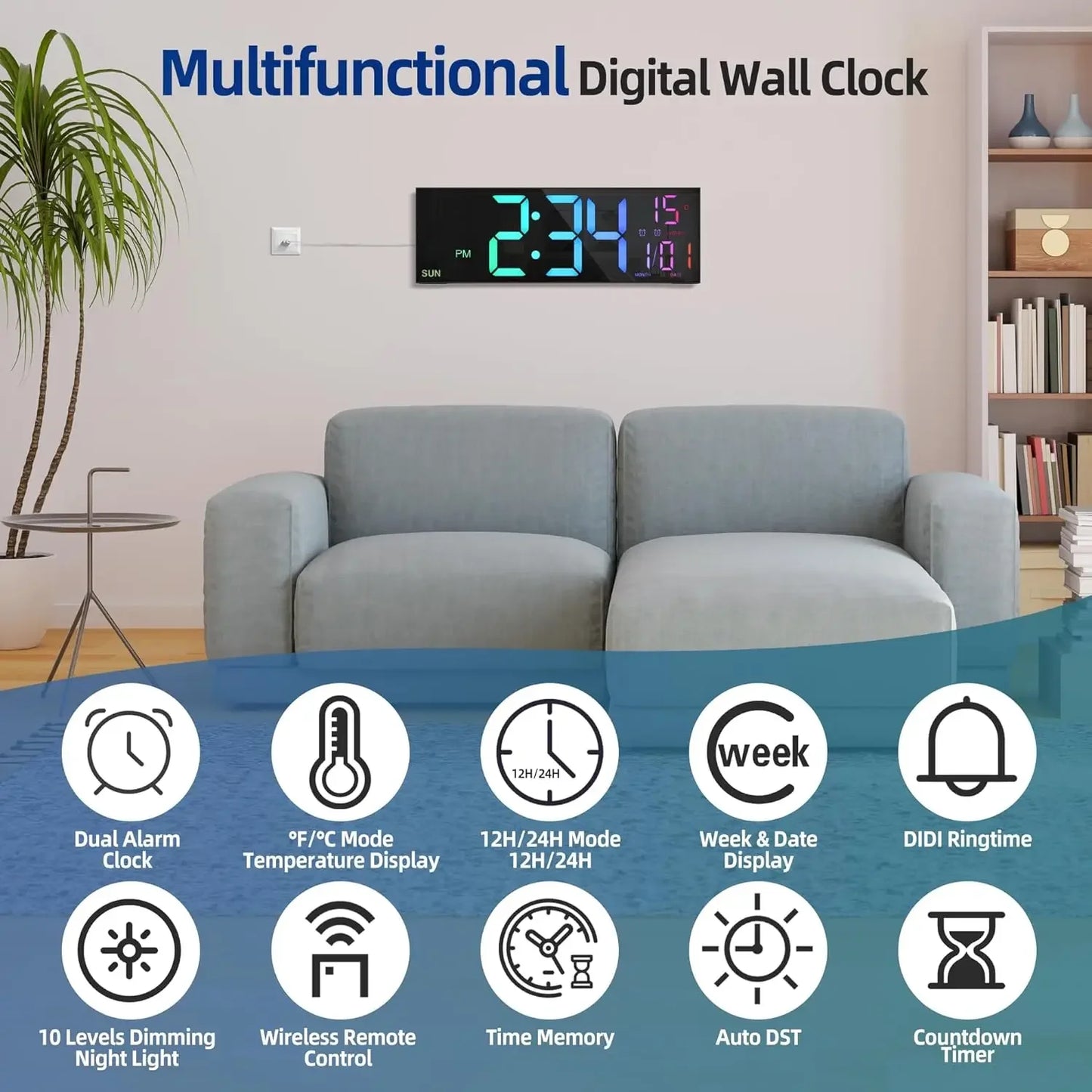 Large Digital LED Wall Clock with Remote Control, Date & Temperature