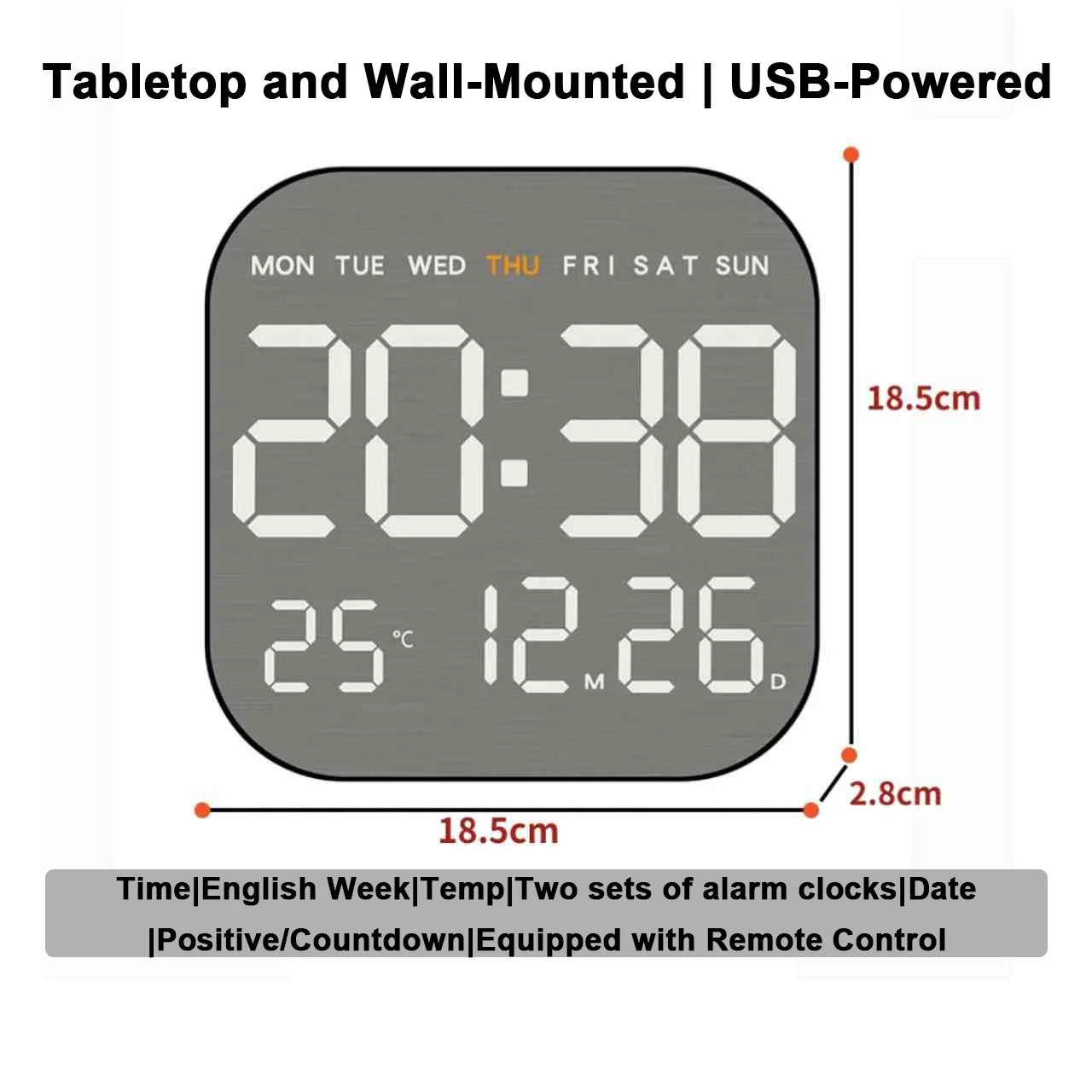 LED Digital Mirror Clock with Alarm, Temperature & Remote