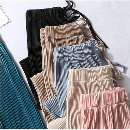 Wide Leg Pants for Women – Pleated Ice Silk Elastic Waist