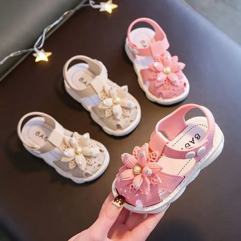 Girls Flower Rhinestone Sandals – Soft Sole Closed Toe