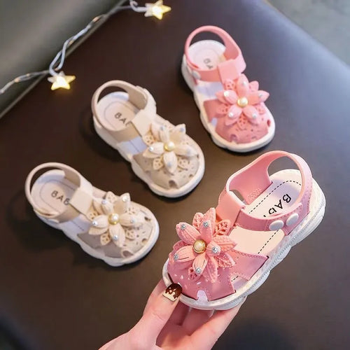 Girls Flower Rhinestone Sandals – Soft Sole Closed Toe