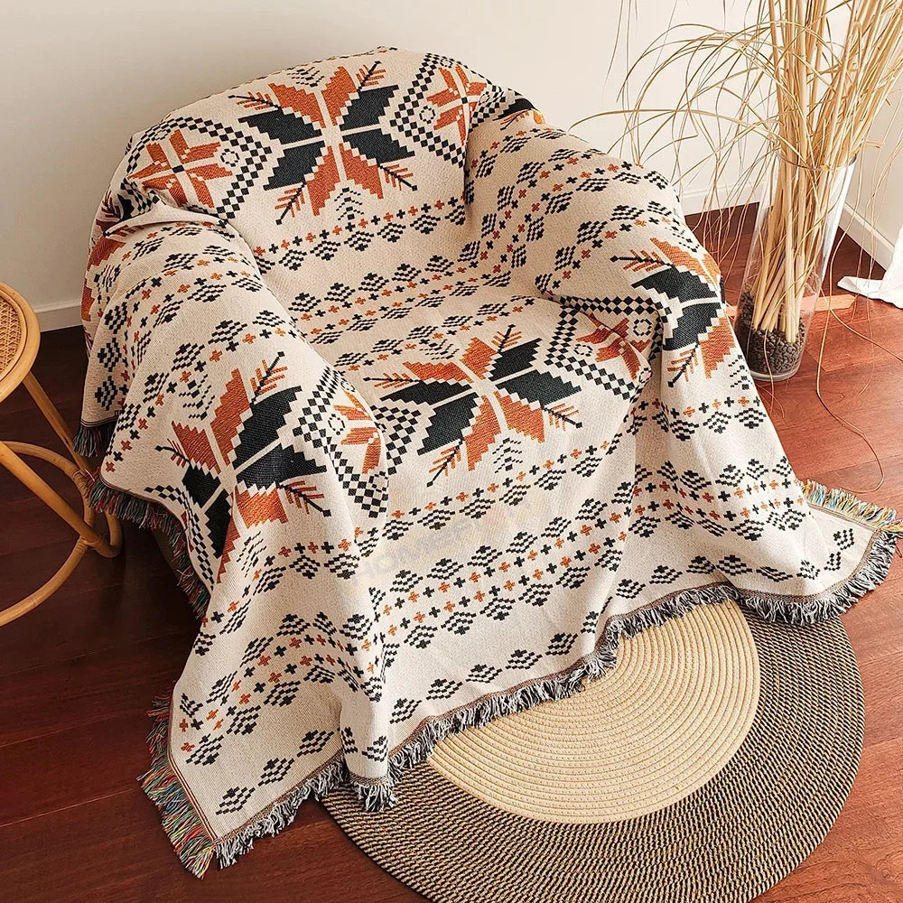 Aztec Boho Throw Blanket with Fringe – Southwestern Woven Tapestry, 2 Colors