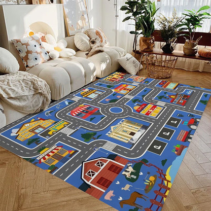 Kids Car Play Mat Rug – City Road Map Non-Slip Playroom Rug
