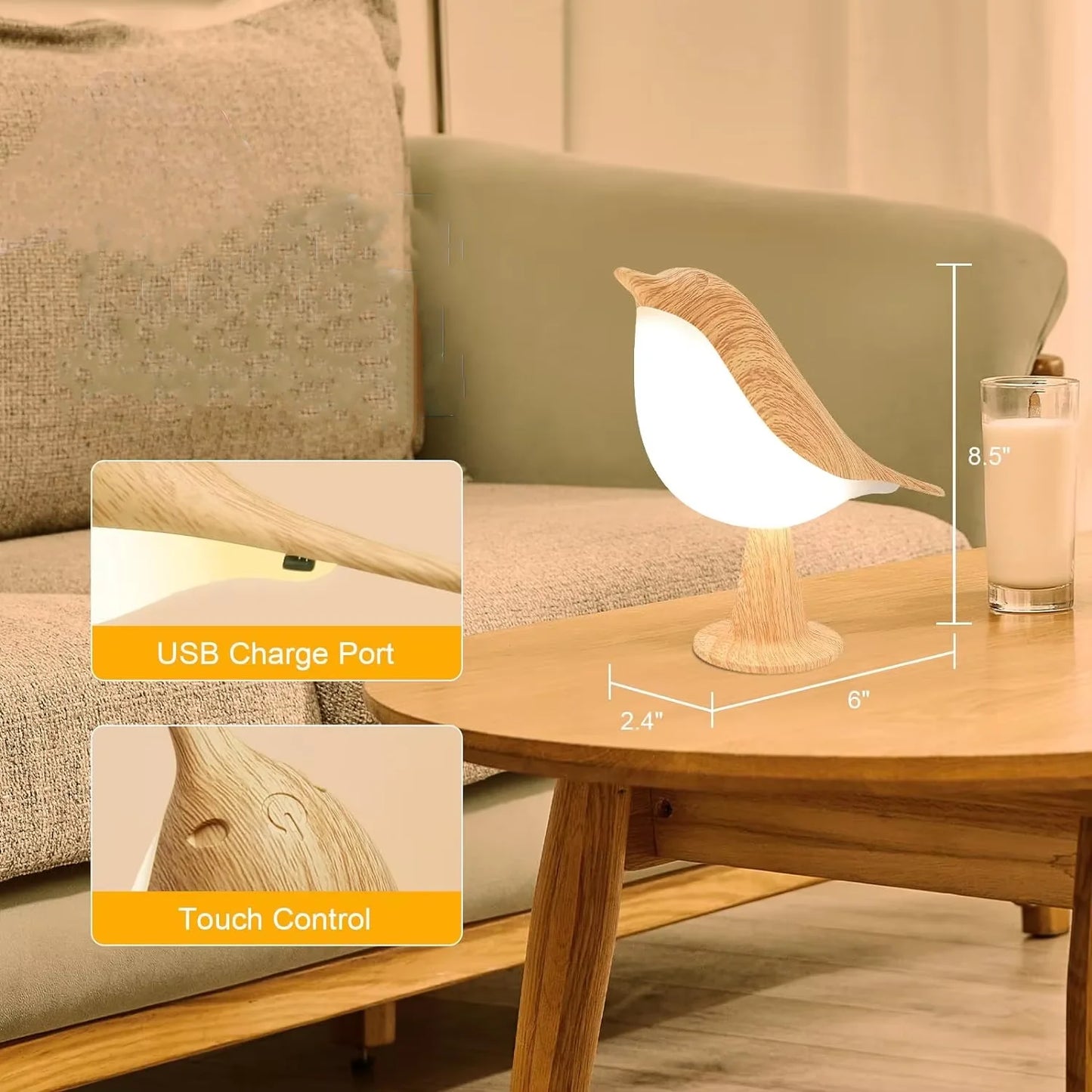 Bird Night Light Touch Lamp USB Rechargeable 3-Color Dimming Bedside Table Lamp