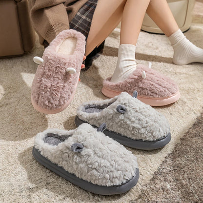 Fuzzy Cartoon Slippers – Warm Closed Toe Non-Slip House Shoes for Women & Men