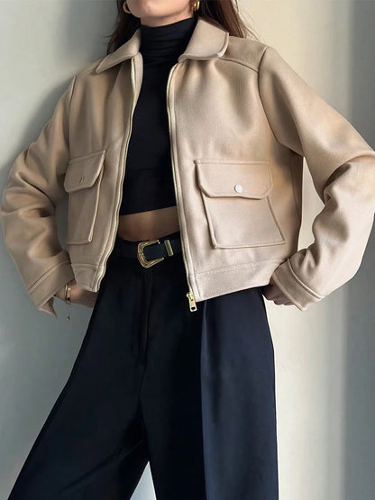 Women's Cropped Zip-Up Jacket – Short Elegant Coat with Snap Pockets