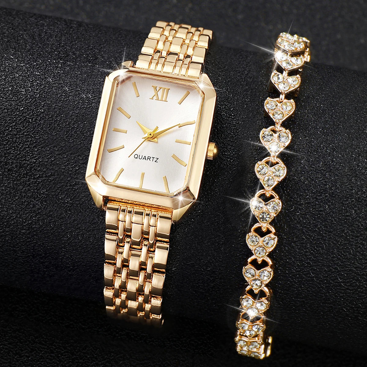 Women's Rectangle Quartz Watch & Rhinestone Bracelet Set