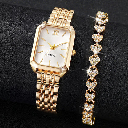 Women's Rectangle Quartz Watch & Rhinestone Bracelet Set