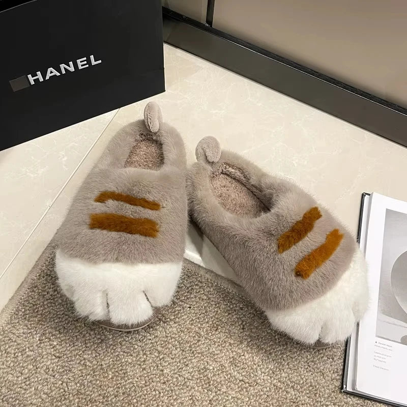 Fluffy Cat Claw Slippers for Women - Warm Non-Slip Furry House Slides