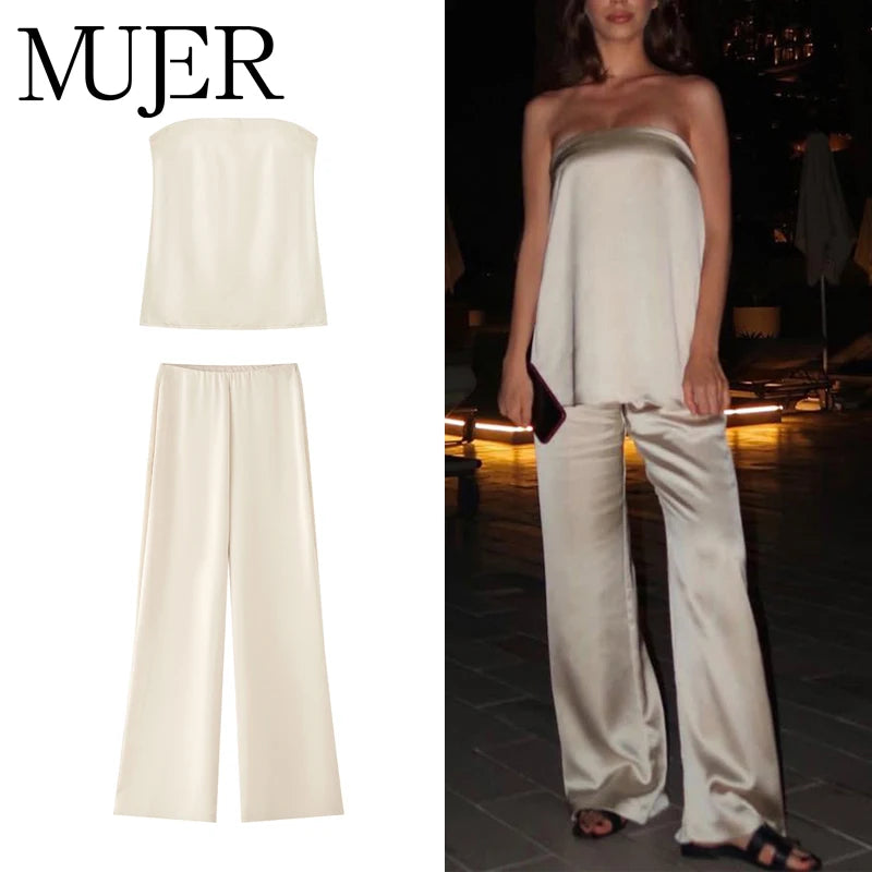 Women's Satin Wide-Leg Pants & Tube Top Set