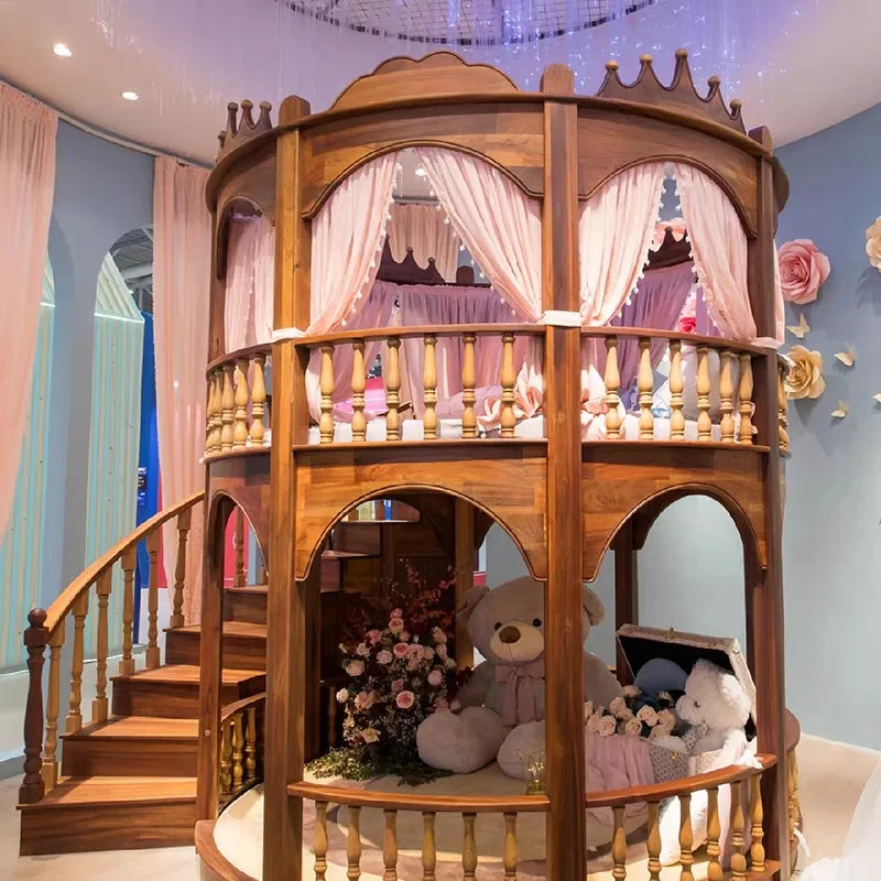 Double Decker Castle Kids Bed with Slide and Safety Rails