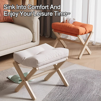 Solid Wood Footstool with Cushion – Padded Ottoman & Shoe Bench
