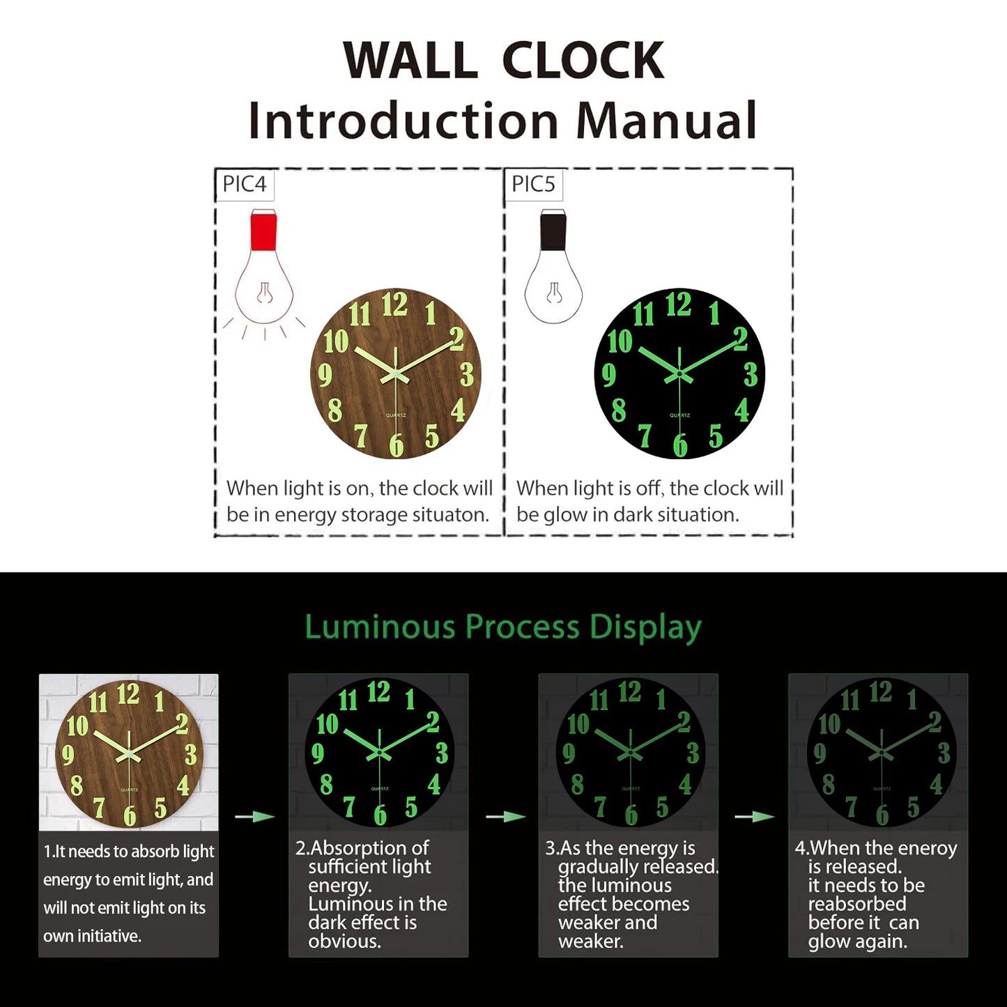 Luminous Wall Clock – Silent Wooden Nordic Glow-in-the-Dark Quartz Clock