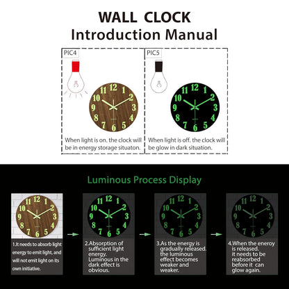 Luminous Wooden Wall Clock Silent Non-Ticking Nordic Style