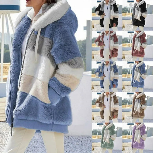 Oversized Plush Fleece Hoodie Coat for Women – Warm Zip-Up Streetwear Jacket
