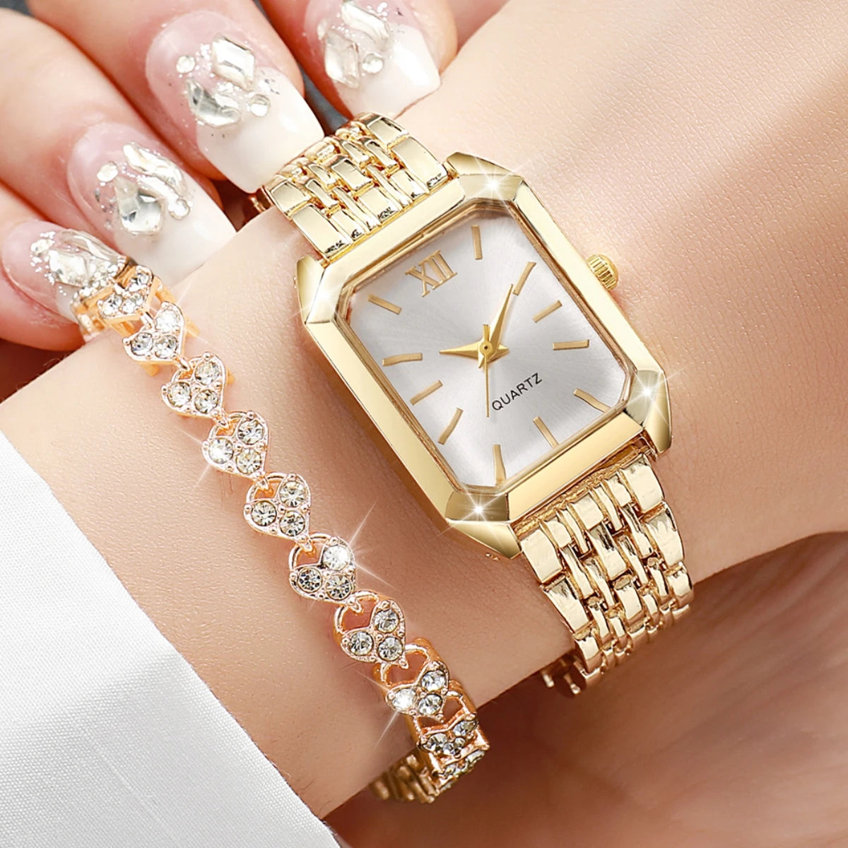 Women's Rectangle Quartz Watch & Rhinestone Bracelet Set
