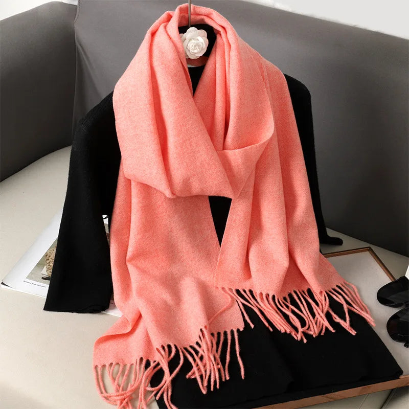 Women's Solid Cashmere Winter Scarf with Tassels – Warm Shawl Pashmina