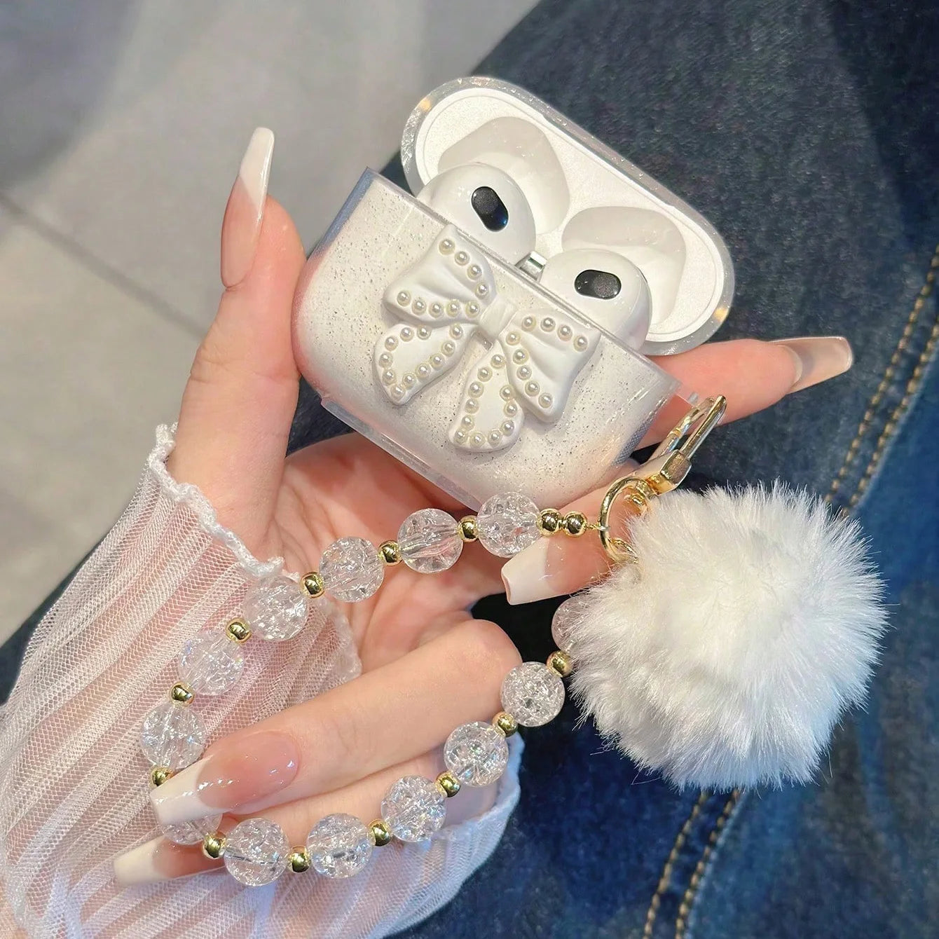 Glitter Bow AirPods Case with Crystal Bead Chain – Fits AirPods 1/2/3/4/Pro/Pro 2/Pro 3