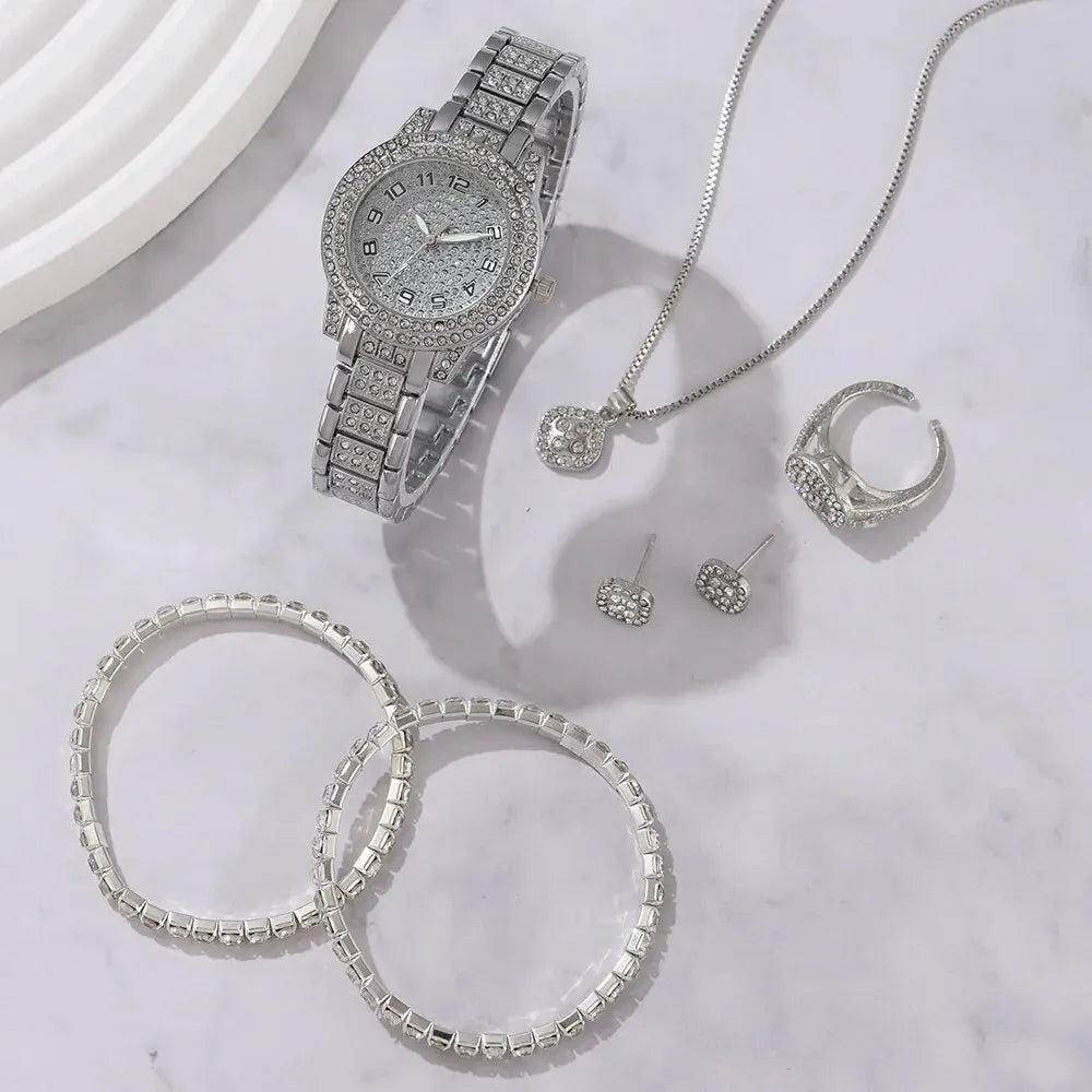 6-Piece Women's Luxury Rhinestone Watch & Jewelry Set