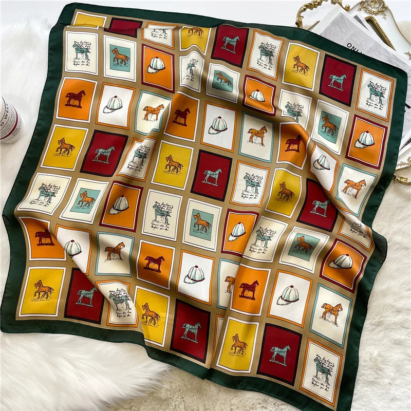 Satin Square Scarf Women Cute Cat Print Headscarf Neckerchief
