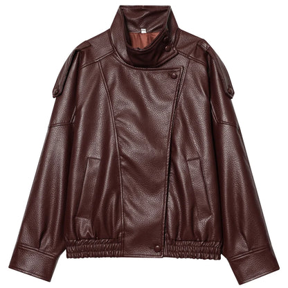 Women's Oversized Faux Leather Bomber Jacket – Cropped Zip-Up